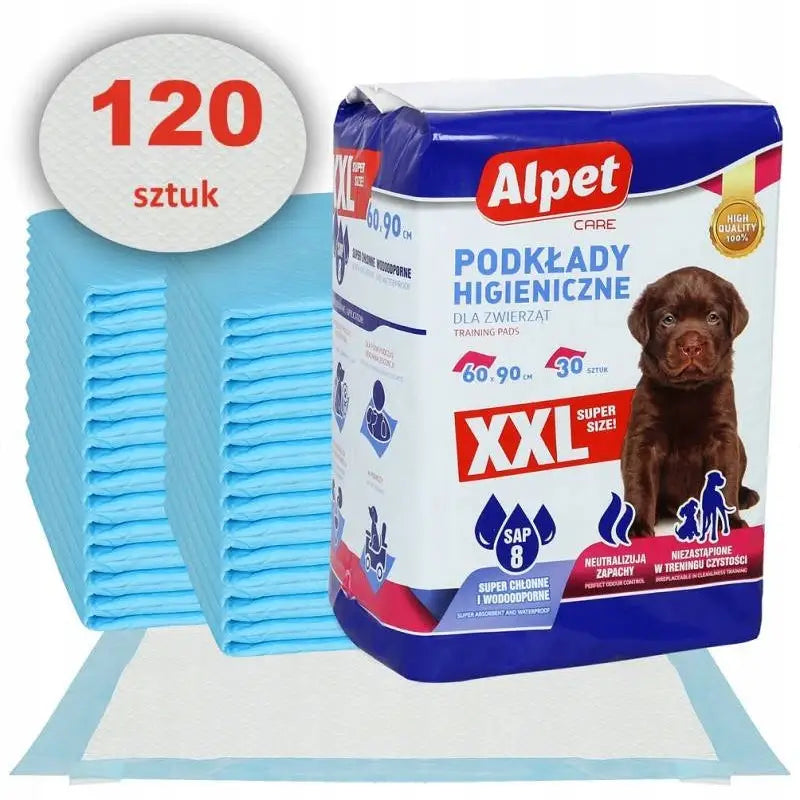Alpet Treningsunderlag for Tissing XXL 60x90cm, pakke med absorberende blå og hvite underlag og illustrasjon av hund.