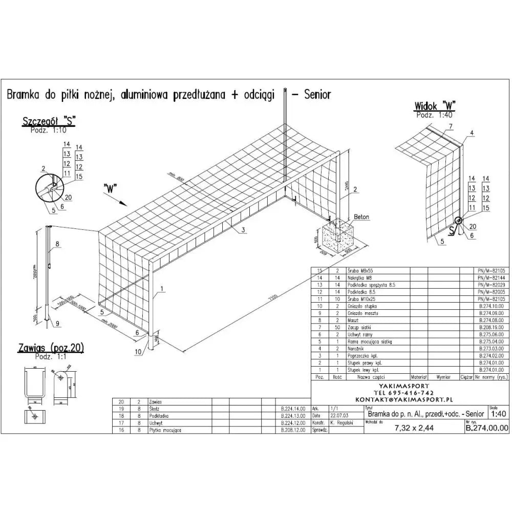 Aluminium fotballmål 7,32 x 2,44 m, perspektivtegning med mål, rutenett, fester og betongfundament.