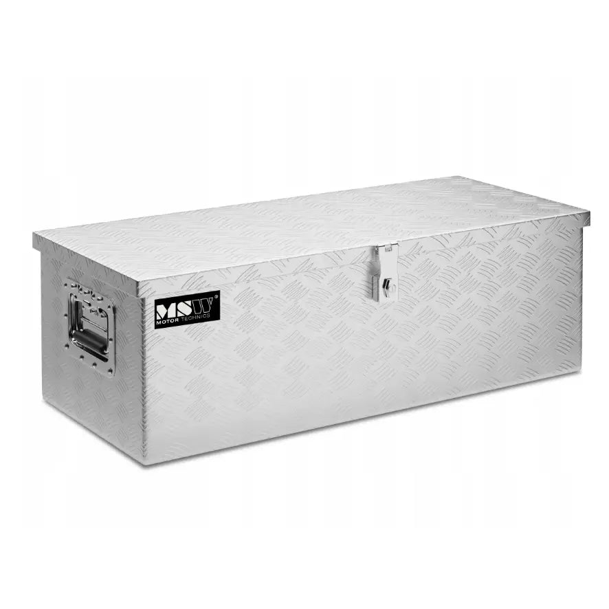 Aluminium transportverktøykasse 48 liter, skrå frontvisning med rutemønstret overflate og solide sidehåndtak.
