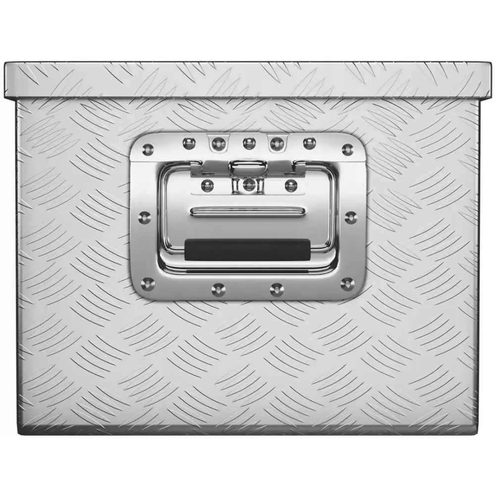 Aluminium transportverktøykasse 48 liter, forside med riflet mønster og sentrert kromhåndtak med sorte detaljer.
