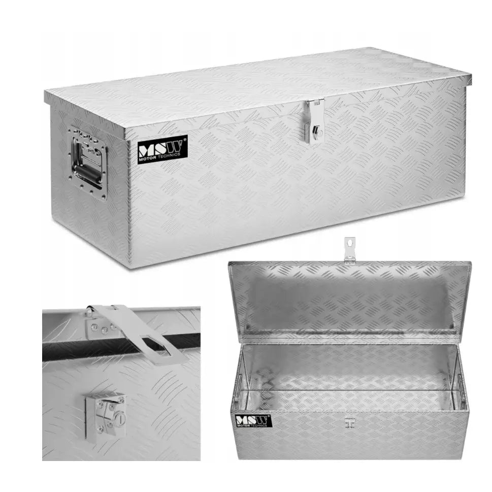 Aluminium transportverktøykasse 48 liter, nærbilde av åpen topp, innsiden og låsemekanismen vises tydelig.