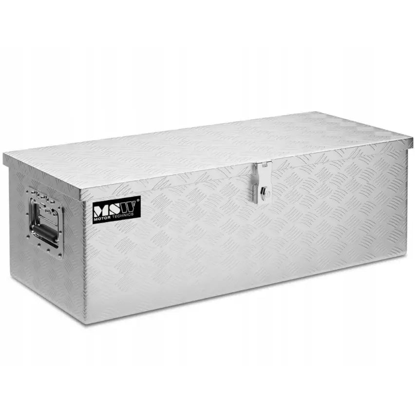 Aluminium transportverktøykasse 48L, skråvisning som fremhever mønstret overflate, håndtak og lås foran.