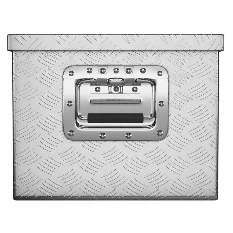Aluminium transportverktøykasse 48 liter, frontvisning med strukturert sølvfinish og solid sort håndtak.