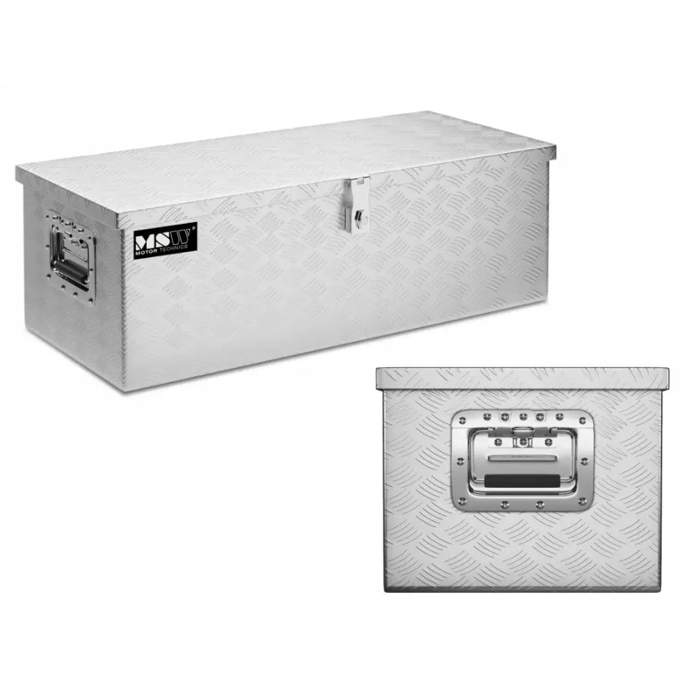 Aluminium transportverktøykasse 48 liter, skråvisning av mønstret sølvfarget metall med håndtak og låsebeslag.