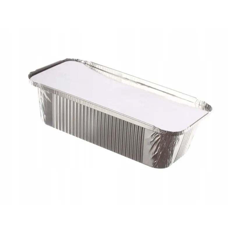 Aluminiumsform 1000ml med hvitt lokk, skråvisning som fremhever riflet blank overflate og heldekkende lokk.