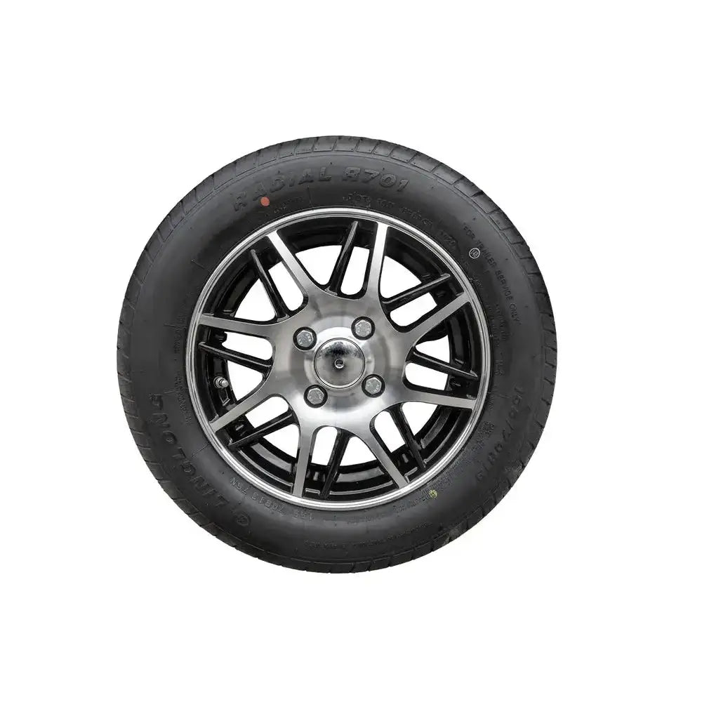 Tilhengerhjul 155/70R13 4X100, frontvisning av svart fler-eiket felg med dekk mot hvit bakgrunn.