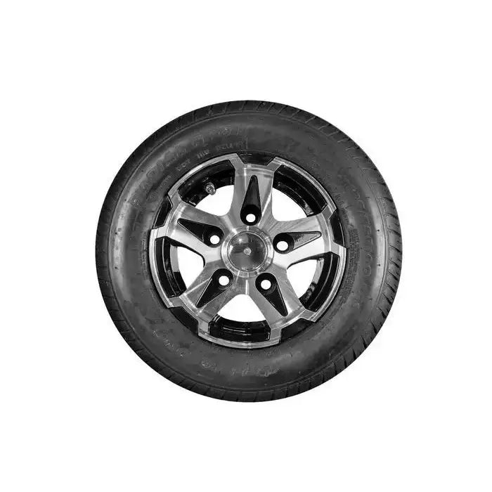 Tilhengerhjul med sølvfarget fem-eikers felg og sorte detaljer, dekkstørrelse 195/55R10C, frontvisning.