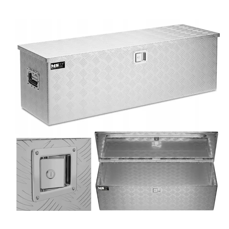 Aluminiumsverktøykasse med lås, detaljert visning av håndtak, låsbar lukking og åpent lokk fra ulike vinkler.