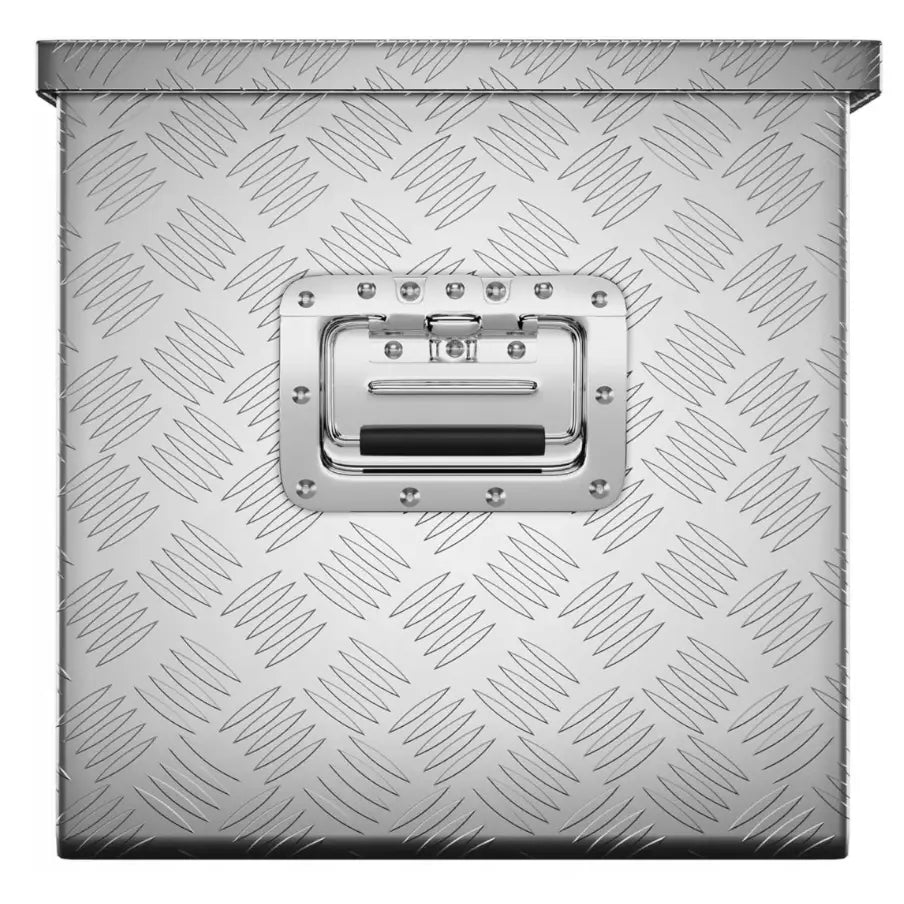 Aluminiumsverktøykasse med lås, frontvisning av sølvfarget kasse med riflet overflate og solid stålhåndtak.