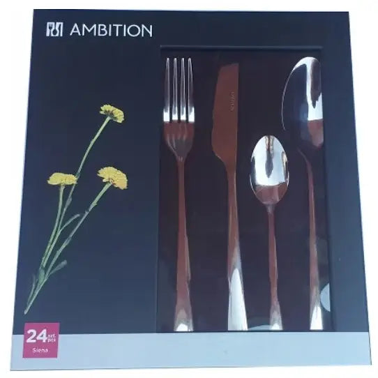 Ambition Siena bestikksett, 24 deler i sølvfarget metall, synlig gjennom eske med gule blomster.