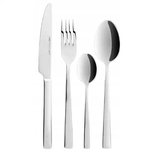Ambition Prato bestikk, fire deler i rustfritt stål med rette linjer og blank finish, frontvisning.
