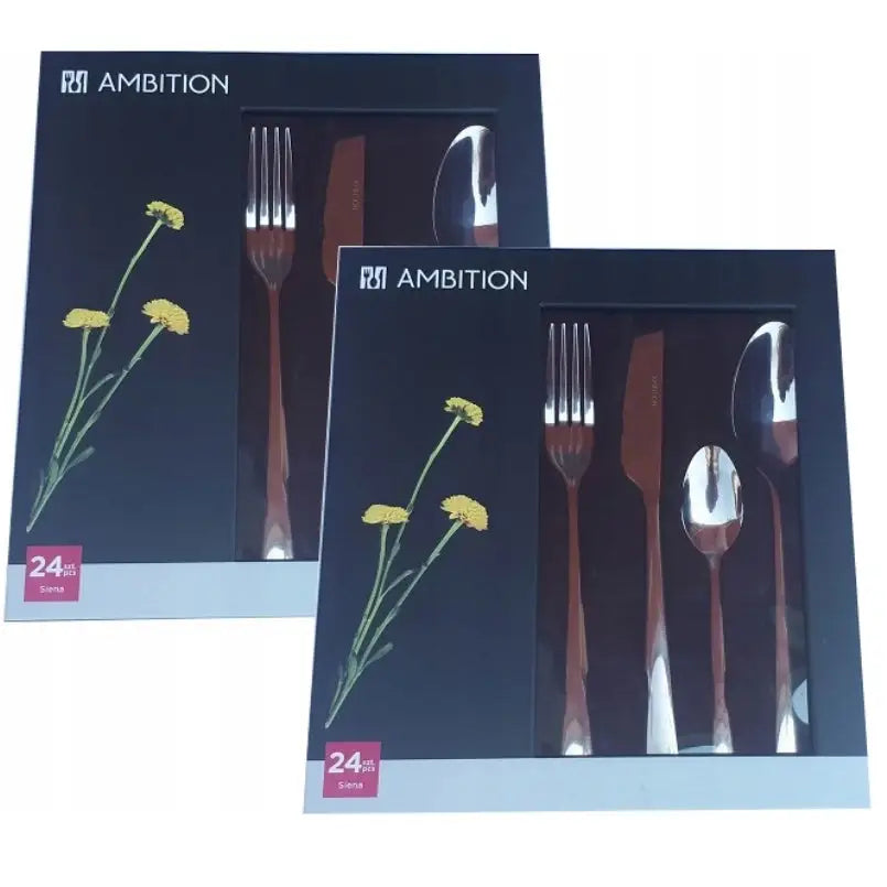 Ambition Siena bestikksett, 48 deler i svarte esker med gule blomster, sølvfarget bestikk synlig gjennom vindu.