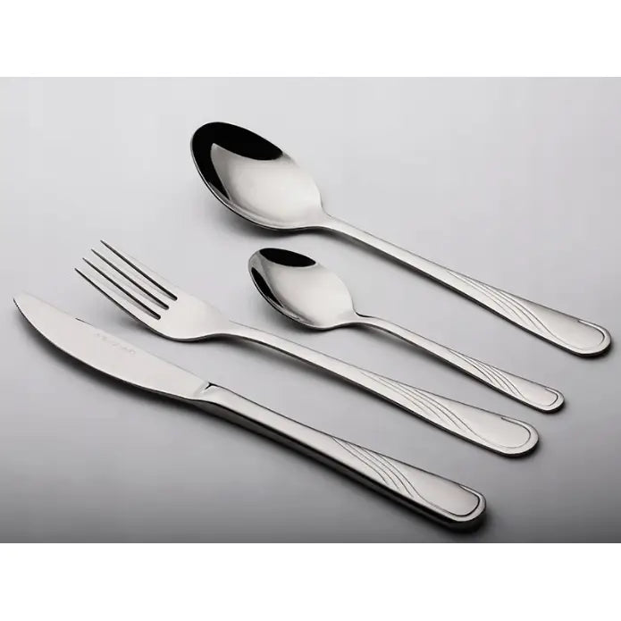 Fire deler Napoli Bølge bestikk i rustfritt stål, skrå vinkel med diagonale linjer på håndtakene.