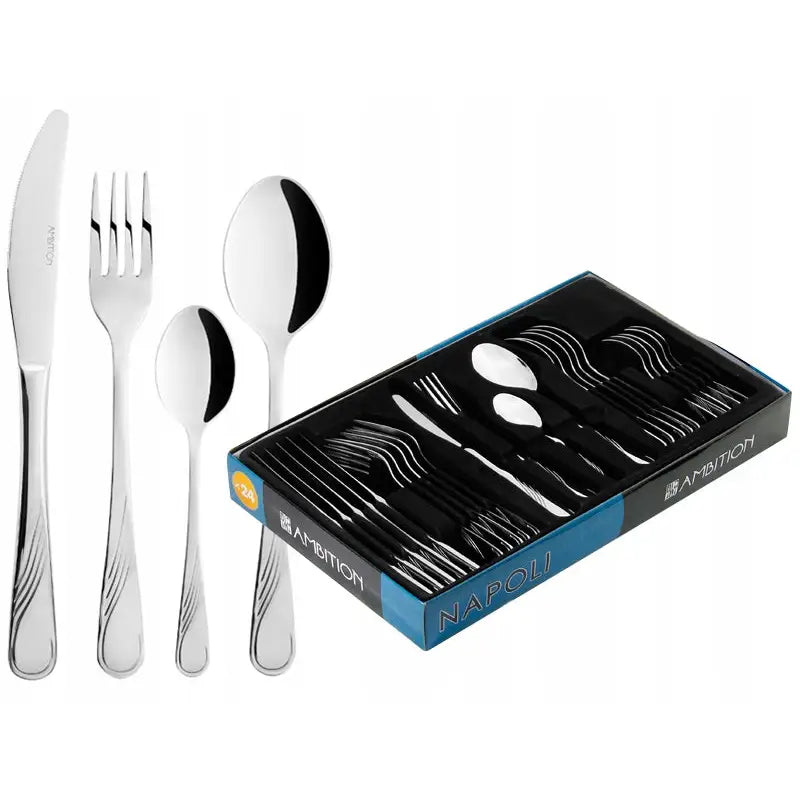 Ambition Napoli bestikksett i blankt rustfritt stål, frontvisning med dekor og original eske med seks plasserte deler.