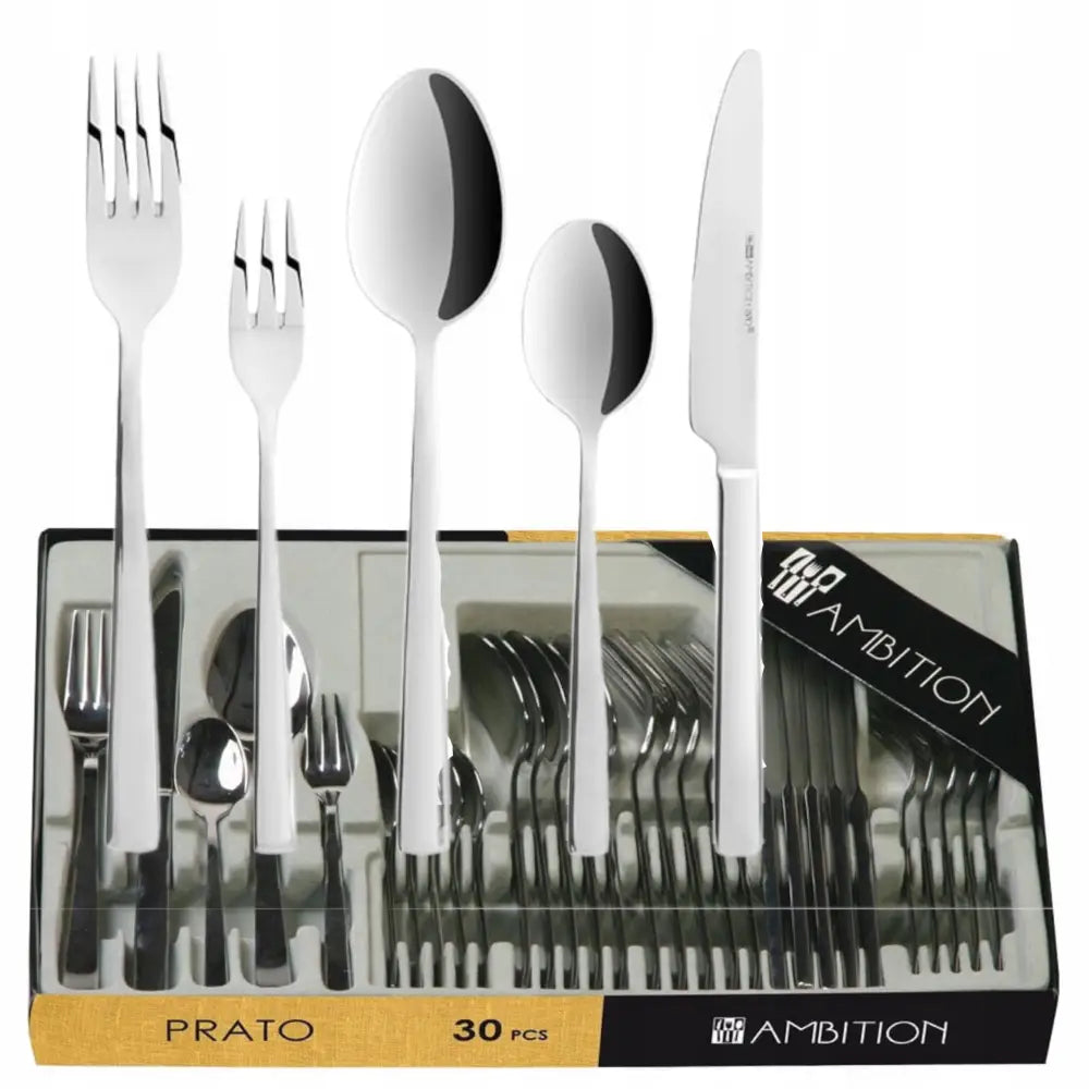 Ambition Prato bestikksett i rustfritt stål, 30 deler pent arrangert i eske med gjennomsiktig lokk.