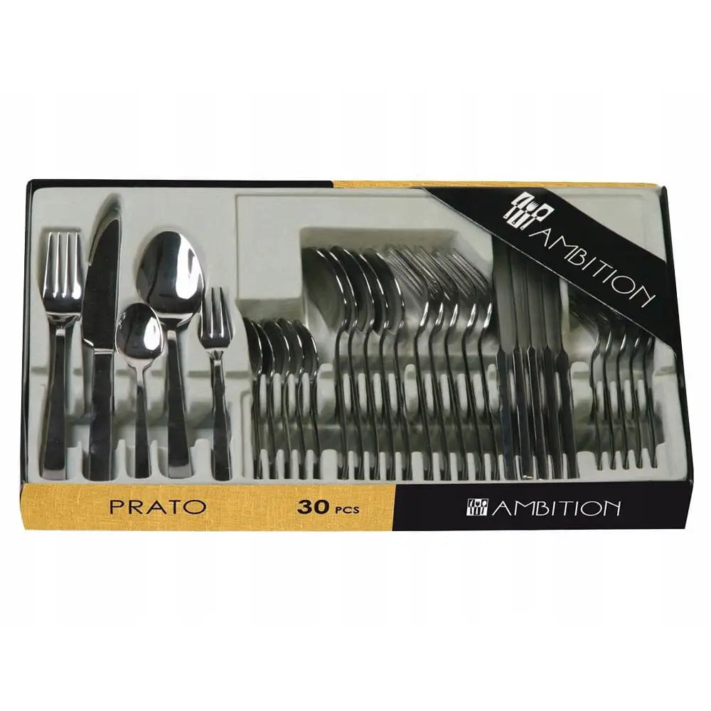 Ambition Prato bestikksett i rustfritt stål, sett ovenfra med speilblanke gafler, kniver og skjeer i eske.