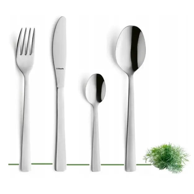 Amefa Padova bestikk, fire deler i rustfritt stål plassert forfra med grønn urtepynt nederst til høyre.