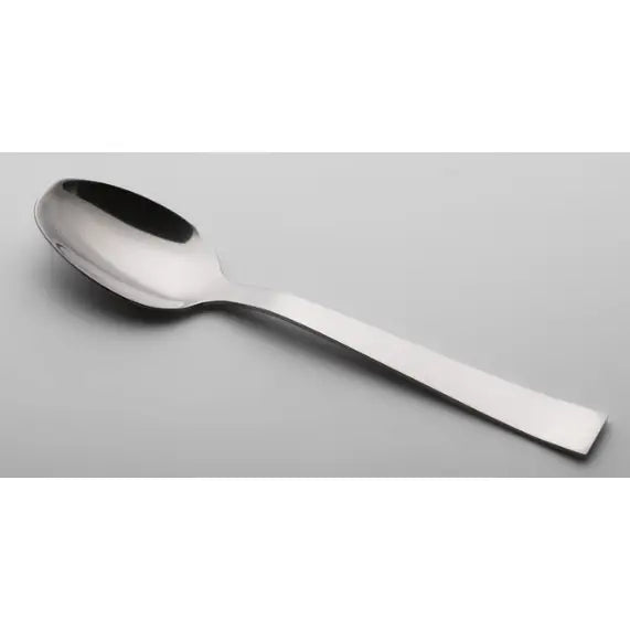 Skje fra Amefa Padova bestikksett, sideprofil med rett skaft og markert firkantet ende i rustfritt stål.