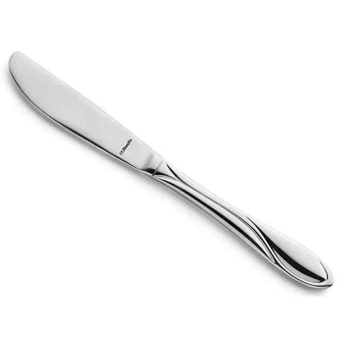 Blank bordkniv i rustfritt stål fra Amefa Whisper, skrå vinkel med bølgende mønstret håndtak.