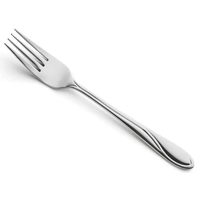 Sølvfarget Amefa gaffel i rustfritt stål, sett ovenfra, med blank overflate og dekorativt buet skaft.