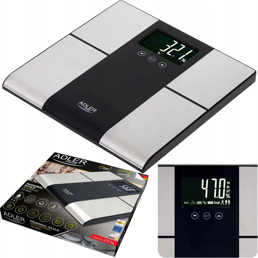 Analytisk baderomsvekt med fettmåling, skrå oversikt som viser LCD-skjerm, berøringsknapper og emballasje.