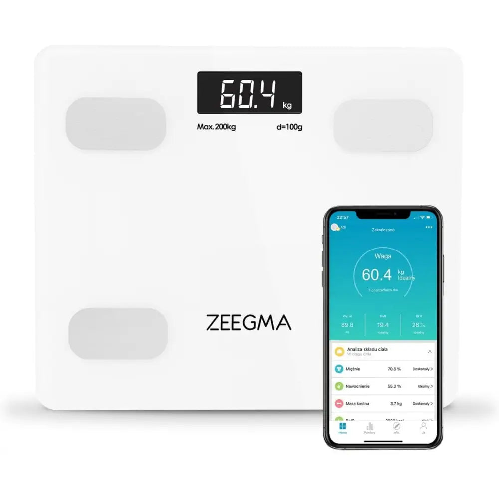 Analytisk baderomsvekt Zeegma Gewit i hvitt glass, digital skjerm og fire sensorer, med app på smarttelefon.