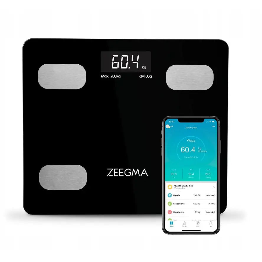 Analytisk badevekt Zeegma Gewit i sort glass med fire sølvsensorer, digital skjerm og appvisning på mobil.