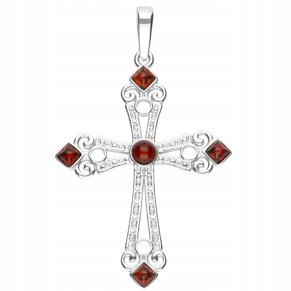 Charm Anheng Sølvkors med Baltisk Rav - 5 Cm