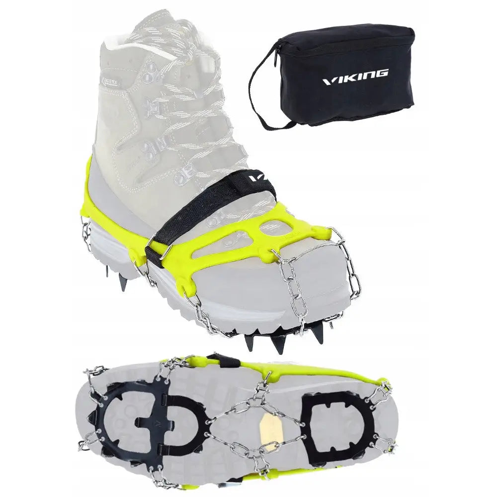 Antiskli kramper Viking Soltoro RS, side- og underside på tursko med gule silikonfester, stålkjetting og svart pose.