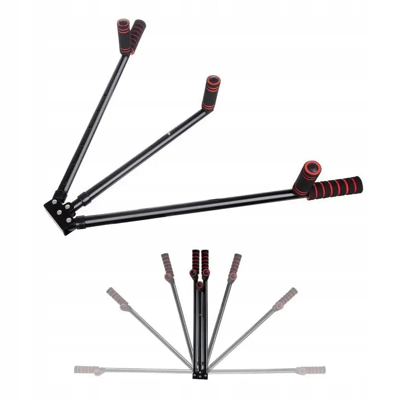 Apparat for tøying av ben og lår, justerbare armer med svarte og røde skumgrep vist i ulike posisjoner.