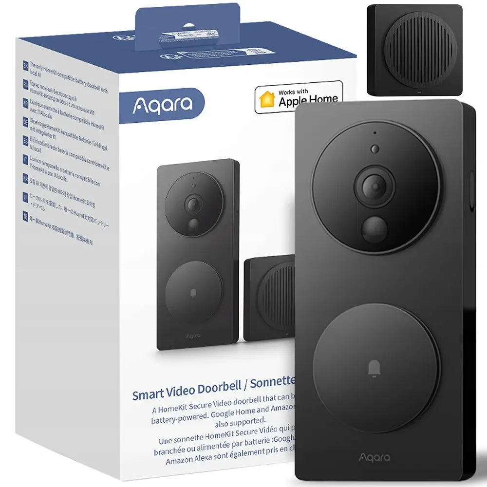 Aqara G4 smart videodørklokke, frontvisning med synlig kameralinse, stor ringeknapp og esken i bakgrunnen.