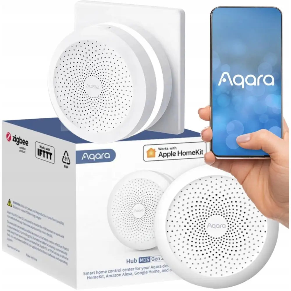 Aqara Hub M1S Gen2, hvit rund smart hub med perforert front, vist med eske og mobil med Aqara-logo.