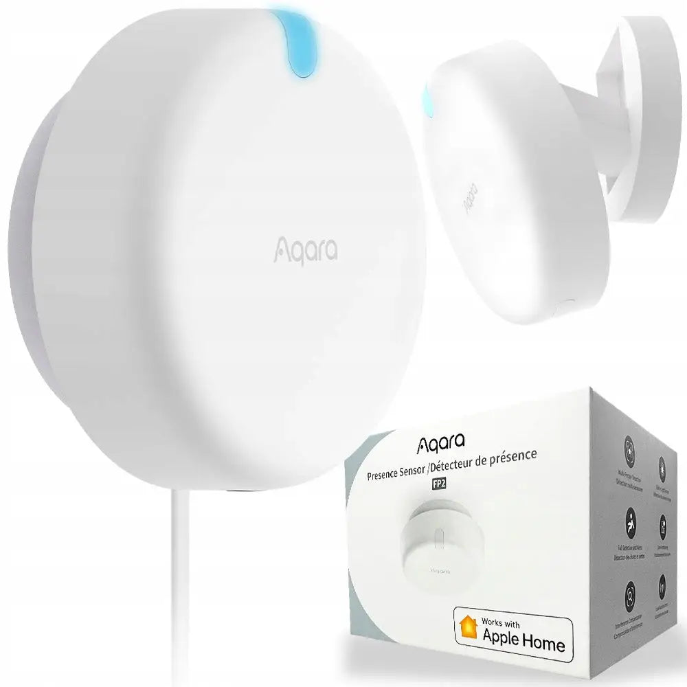 Aqara bevegelsesdetektor, hvit rund sensor med blå detalj, avbildet sammen med original eske.
