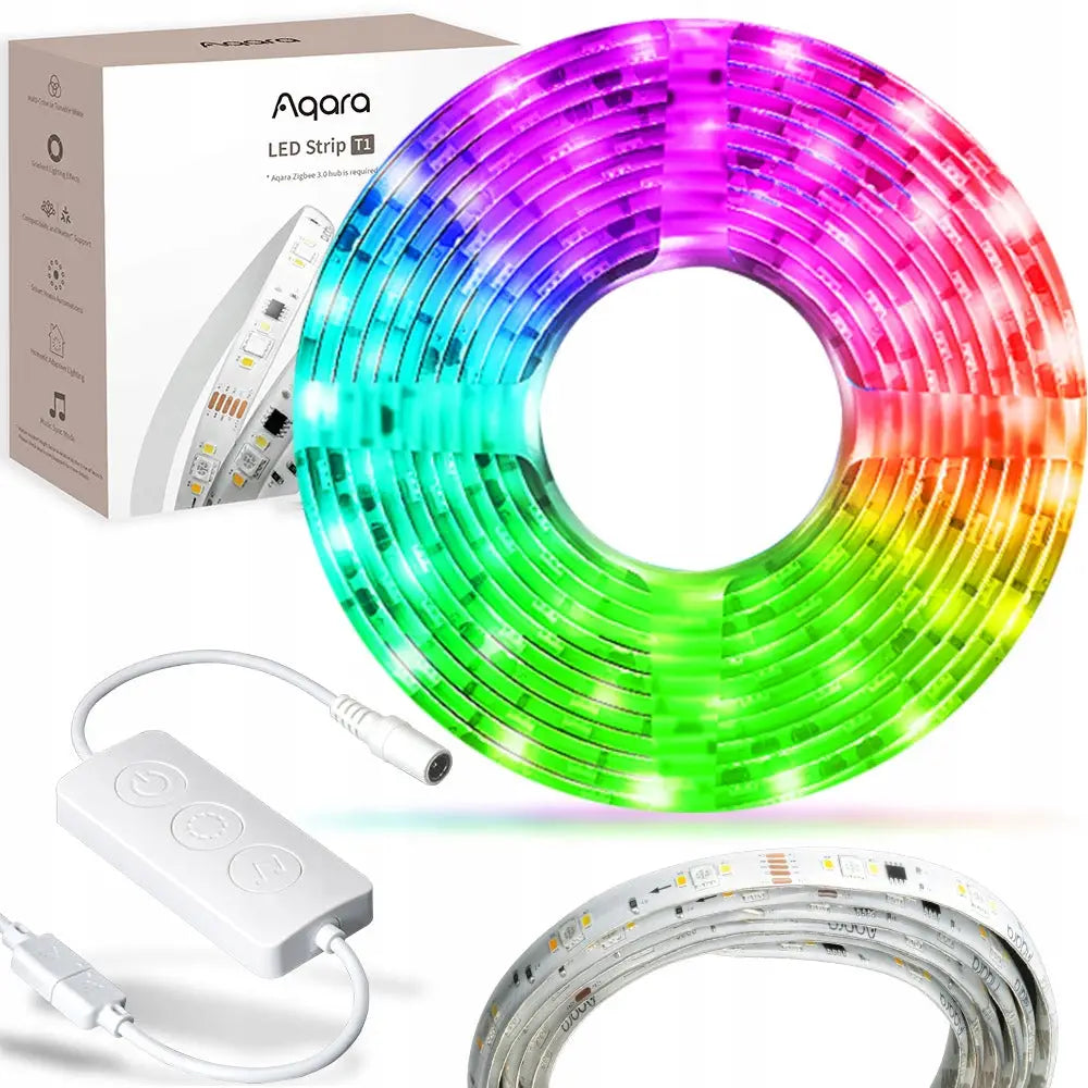 Aqara RGB LED-lyslist i rull, toppvisning med lilla, blå, grønn og rød belysning, fjernkontroll og eske.