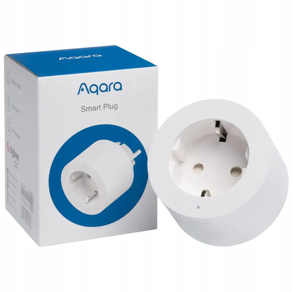 Aqara smartplugg, hvit og rund, vist skrått ved siden av original eske med produktbilde og logo.