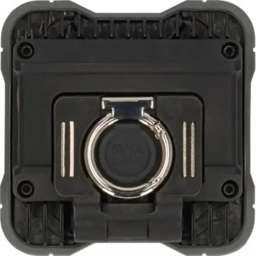 Arbeidslys LED, frontvisning viser sort firkantet design med metallring, fire hjørneskruer og rillede kanter.