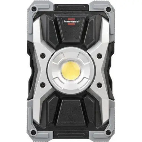 Arbeidslampe LED RUFUS, frontbilde som viser rund LED-lyskilde med metallramme i sort og grå plast.