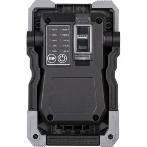 Arbeidslys LED RUFUS, nærbilde av kontrollpanel med lysstyrkeindikator, strømknapp og USB-port med deksel.