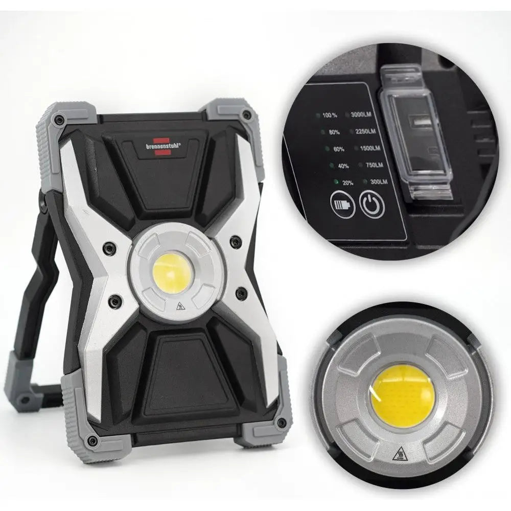 Arbeidslys LED RUFUS, nærbilde av LED-panel og kontrollpanel med tydelige lysstyrkeindikatorer.