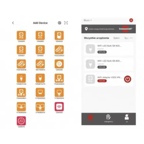 Arbeidslys WiFi WF 3050 P, appskjermbilder av enhetsvalg og status for tilkoblede enheter.