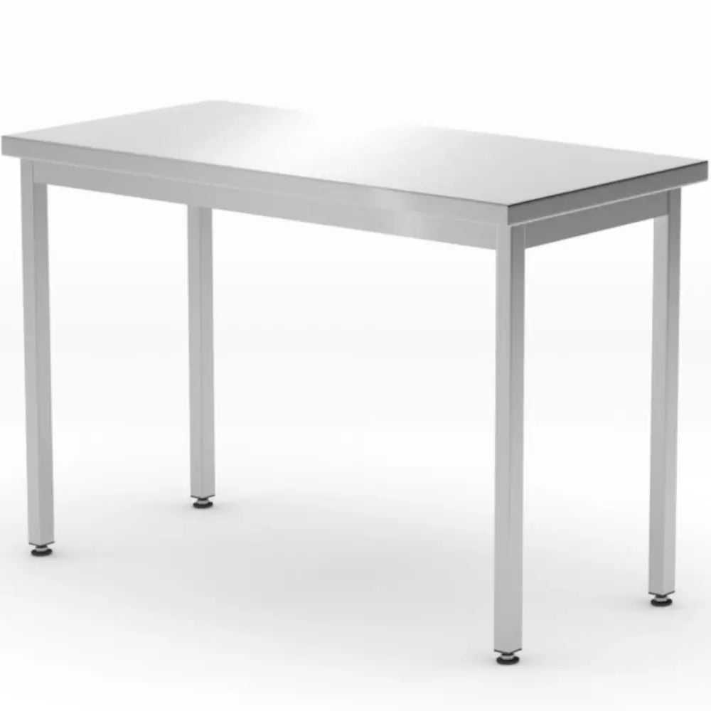 Arbeidsbenk for kjøkken i rustfritt stål, skråvinkel som fremhever firkantede ben og justerbare føtter.