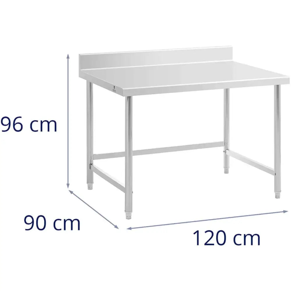 Arbeidsbenk i rustfritt stål 120x90cm, sett skrått forfra med tydelig oppkant og mål markert på bordet.