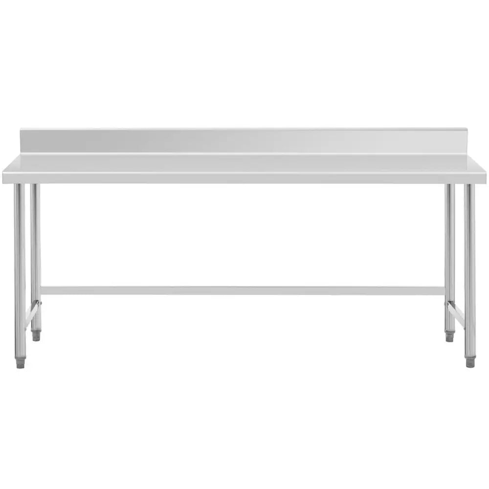 Arbeidsbenk i rustfritt stål, frontvisning med høy bakre kant og robuste metallben.