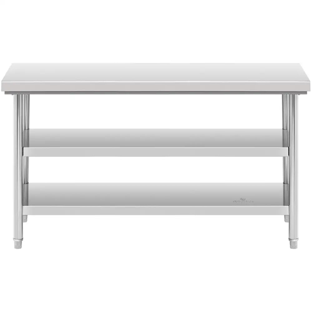 Arbeidsbenk i rustfritt stål, frontbilde som viser to åpne hyller under bordplaten og runde, robuste ben.