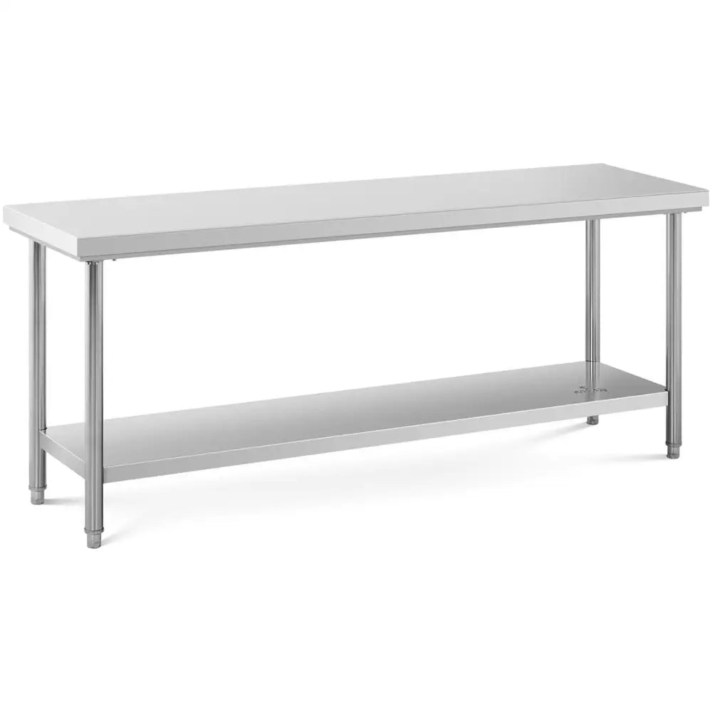 Arbeidsbenk i rustfritt stål 200x60 cm, skrå frontvisning med underhylle og sylinderformede ben.