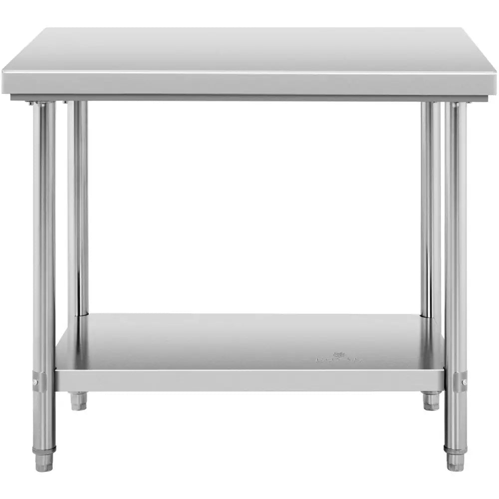 Arbeidsbenk i rustfritt stål, frontvisning med sentral underhylle og justerbare, runde ben.