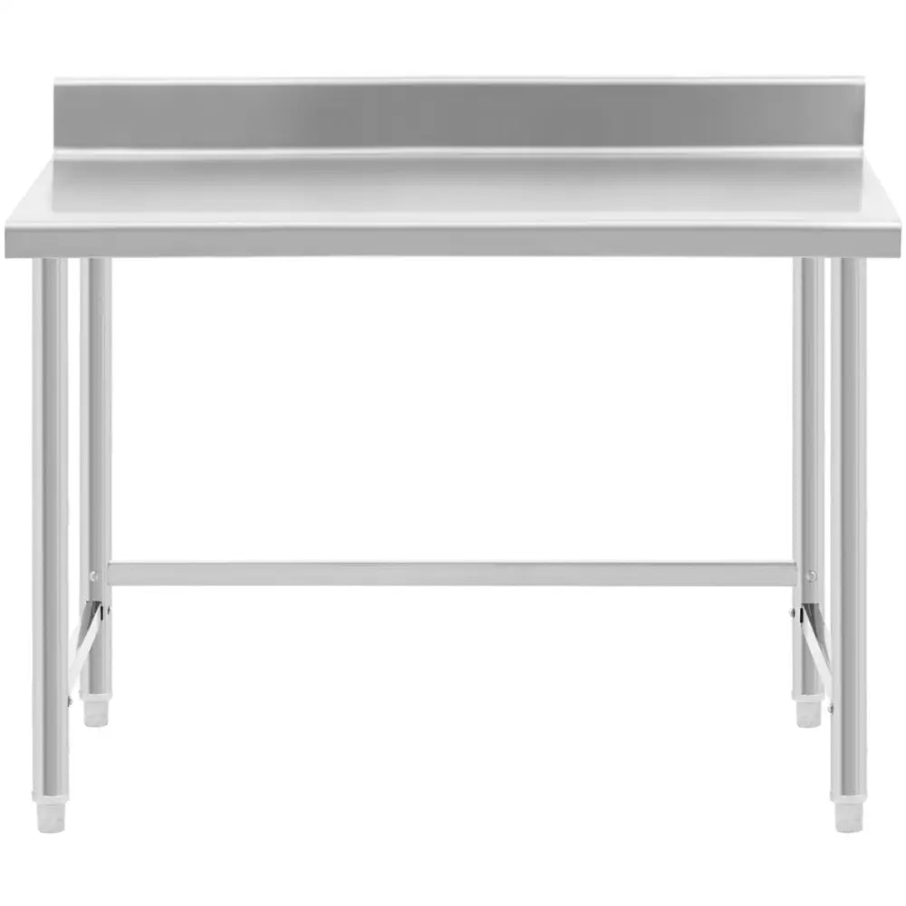 Arbeidsbenk i rustfritt stål, frontvisning med bakre kant, firkantede ben og glatt sølvfarget overflate.