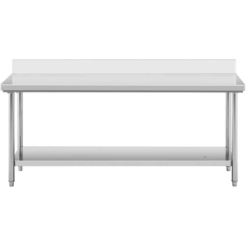 Arbeidsbenk i rustfritt stål, frontvisning med oppkant og underhylle for ekstra lagringsplass.