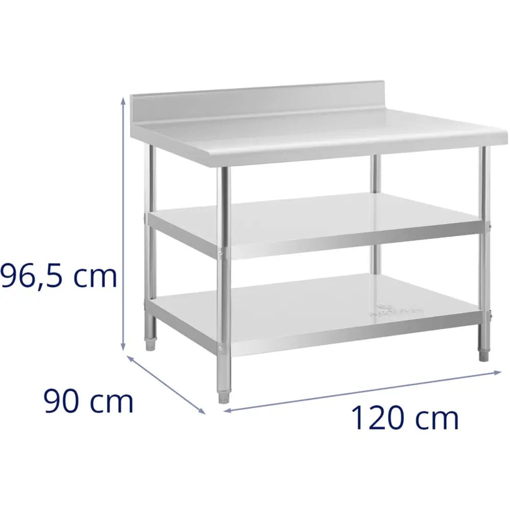 Arbeidsbenk i rustfritt stål, perspektivvisning med bakre kant, to hyller og tydelig markerte mål.