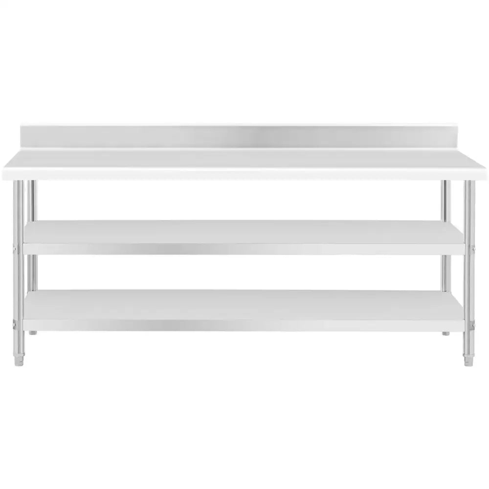 Arbeidsbenk i rustfritt stål, veggmontert modell med to åpne hyller og opphøyd bakre kant, frontvisning.